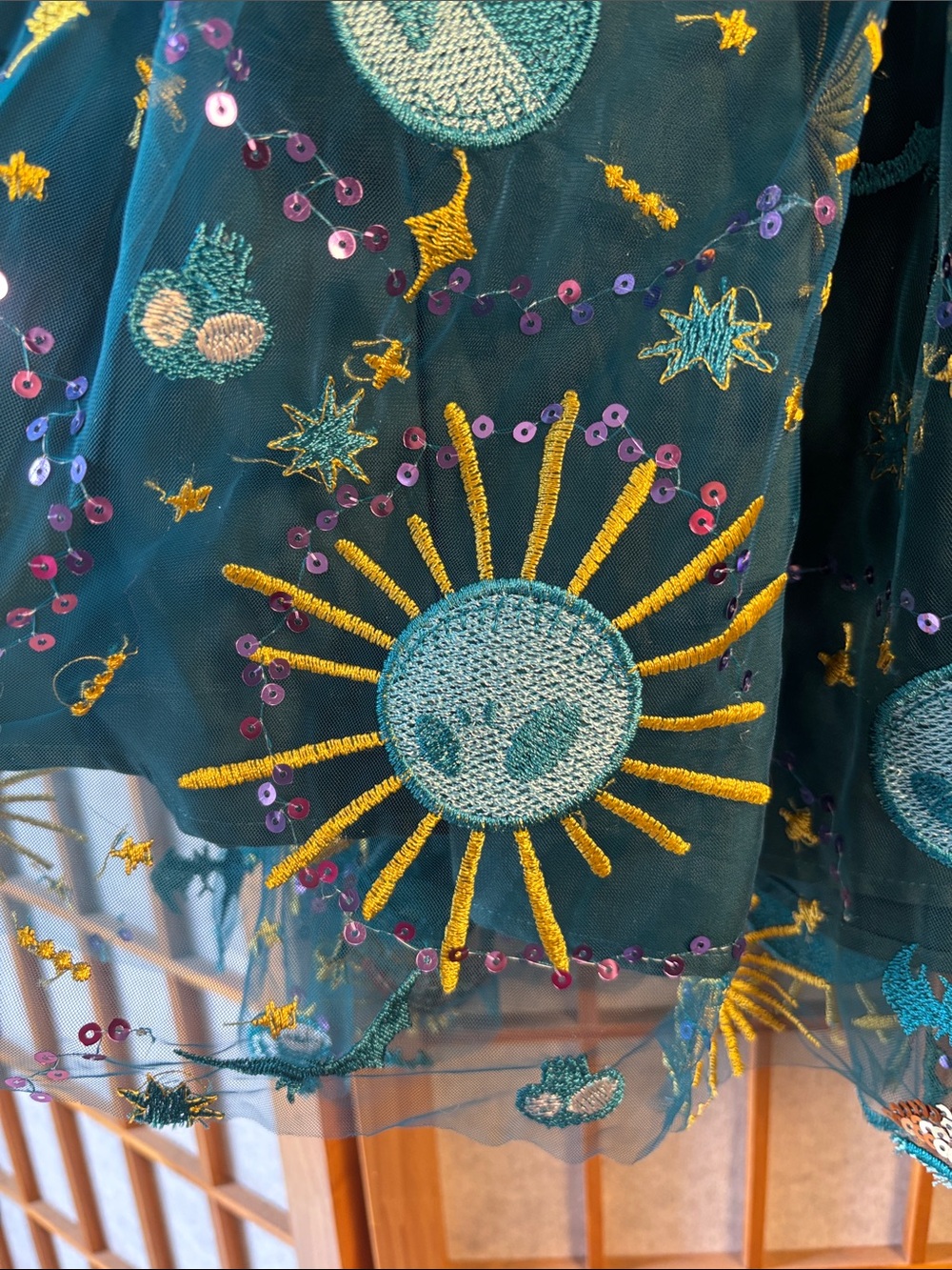 Embroidered Nightmare Before Christmas Teal Tulle Skirt with Sun & Moon Motif - Picture 2 of 5